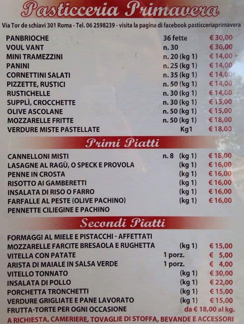 Menu di Bar Caffe Primavera 