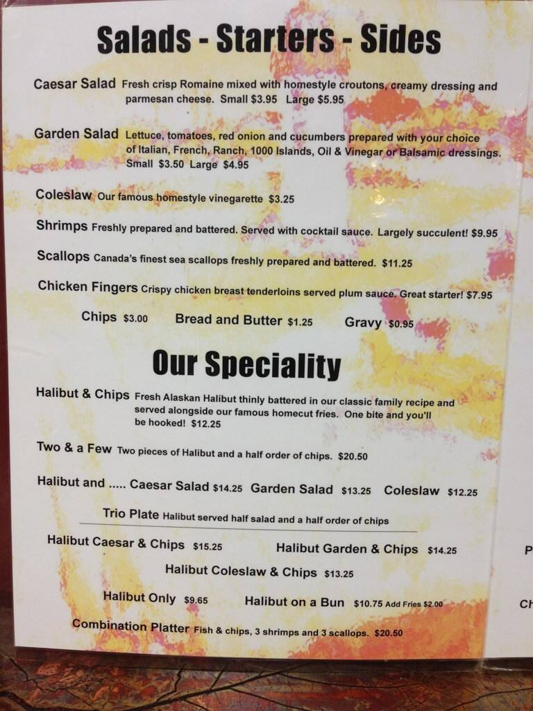 Menu at Danny's Fish and Chips restaurant, Barrie
