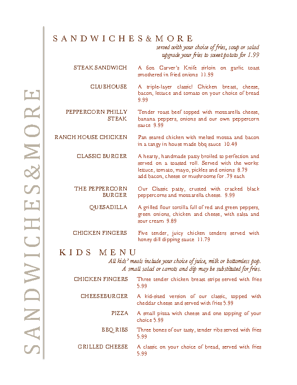 Menu at The Peppercorn Restaurant and Fireside Lounge, Oakbank
