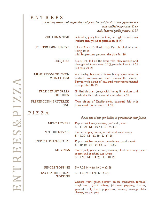 Menu at The Peppercorn Restaurant and Fireside Lounge, Oakbank