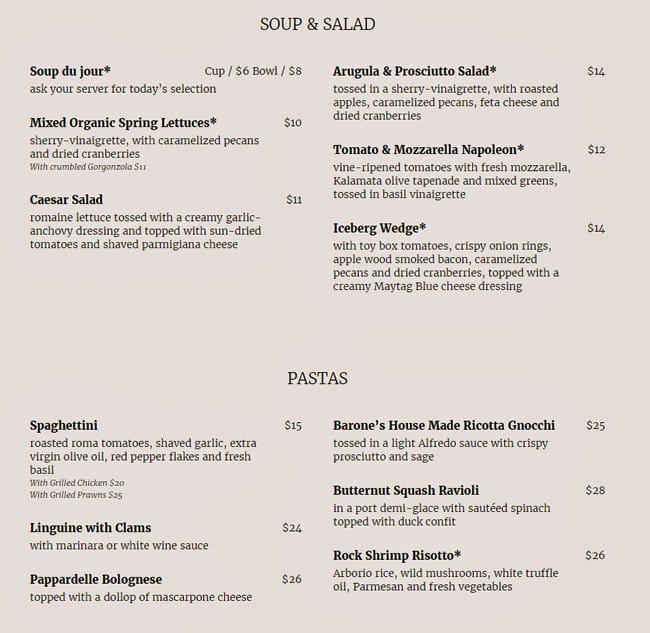 Menu at Barone's Restaurant, Pleasanton