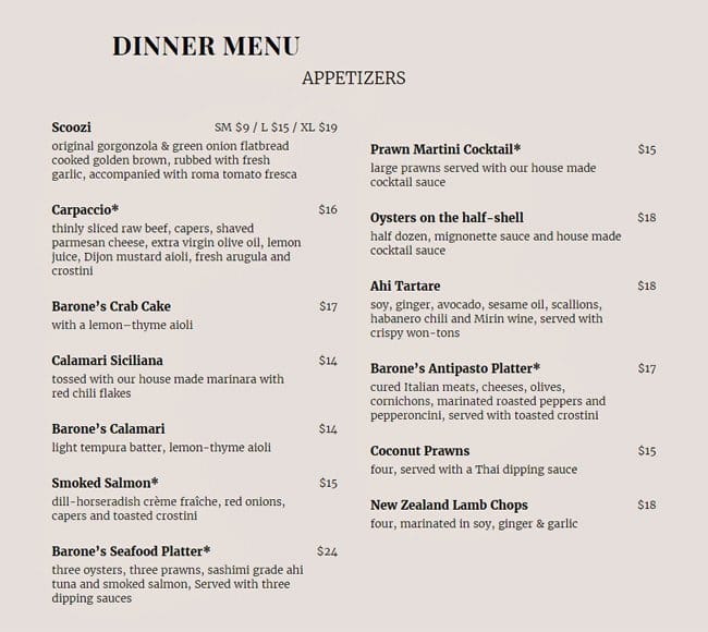 Menu at Barone's Restaurant, Pleasanton