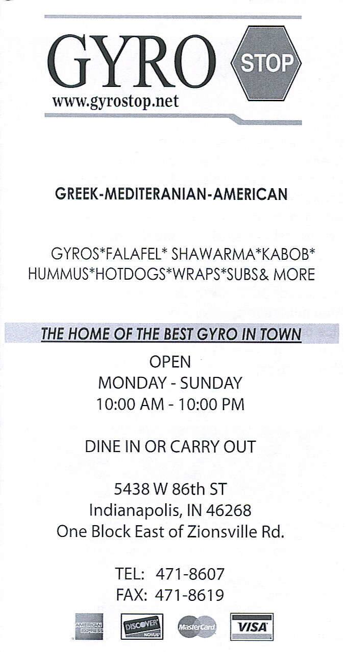 Gyro Stop Menu, Menu for Gyro Stop, Northwest, Indianapolis