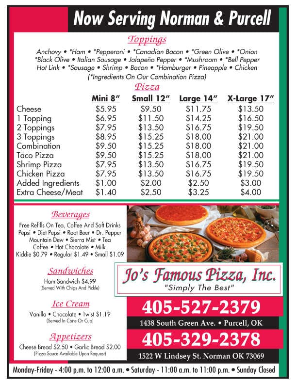 Jo's Famous Pizza Menu, Menu for Jo's Famous Pizza, Norman, Oklahoma ...