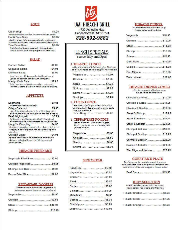 Umi Hibachi Grille Menu, Menu for Umi Hibachi Grille, Hendersonville