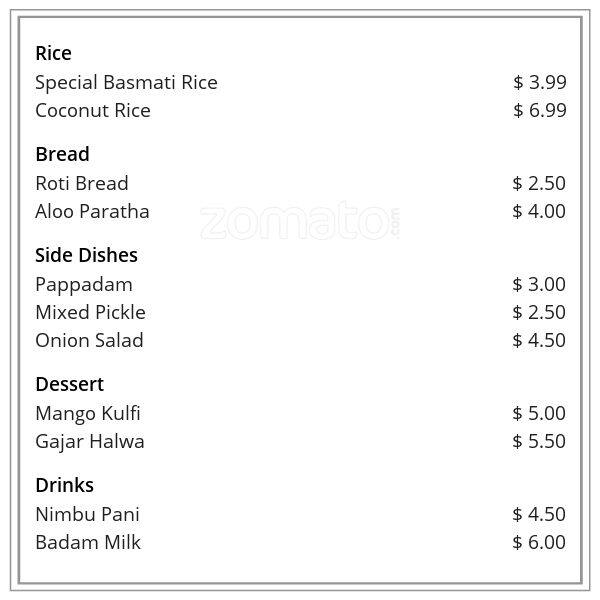 Menu at Indian Curry House restaurant, Burleigh Heads