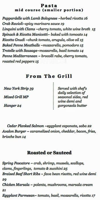 Menu at Avalon pub & bar, West Chester