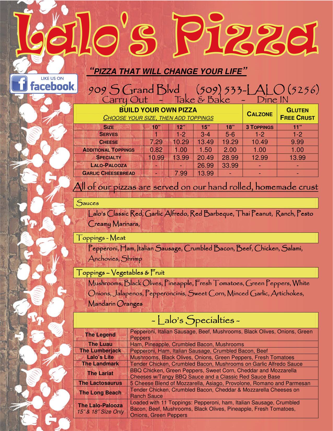 Lalo's Pizza & Calzone Menu Urbanspoon/Zomato