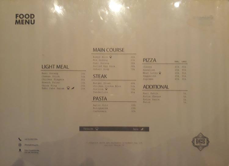 Menu At Bang Bang Bar, Bandung