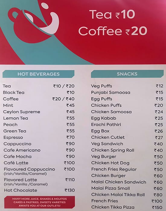Menu of The Muffin House, Kannanthura, Trivandrum