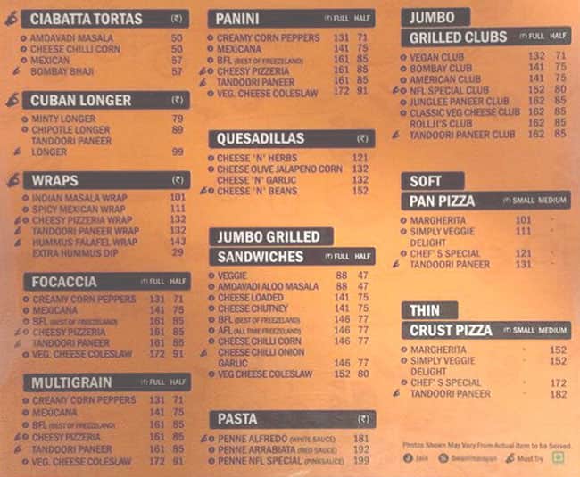 Menu of New Freeze Land, Diwalipura, Vadodara