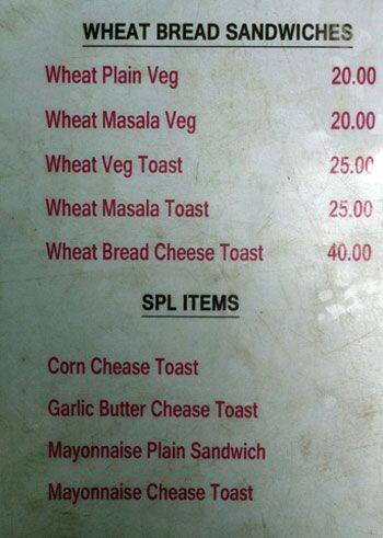 Sree Balaji Sandwich Stall menu