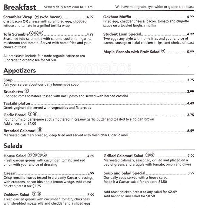 Oakham Cafe menu, Menu restauracji Oakham Cafe, Garden District