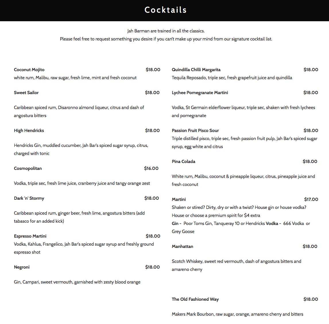 Jah Bar menu