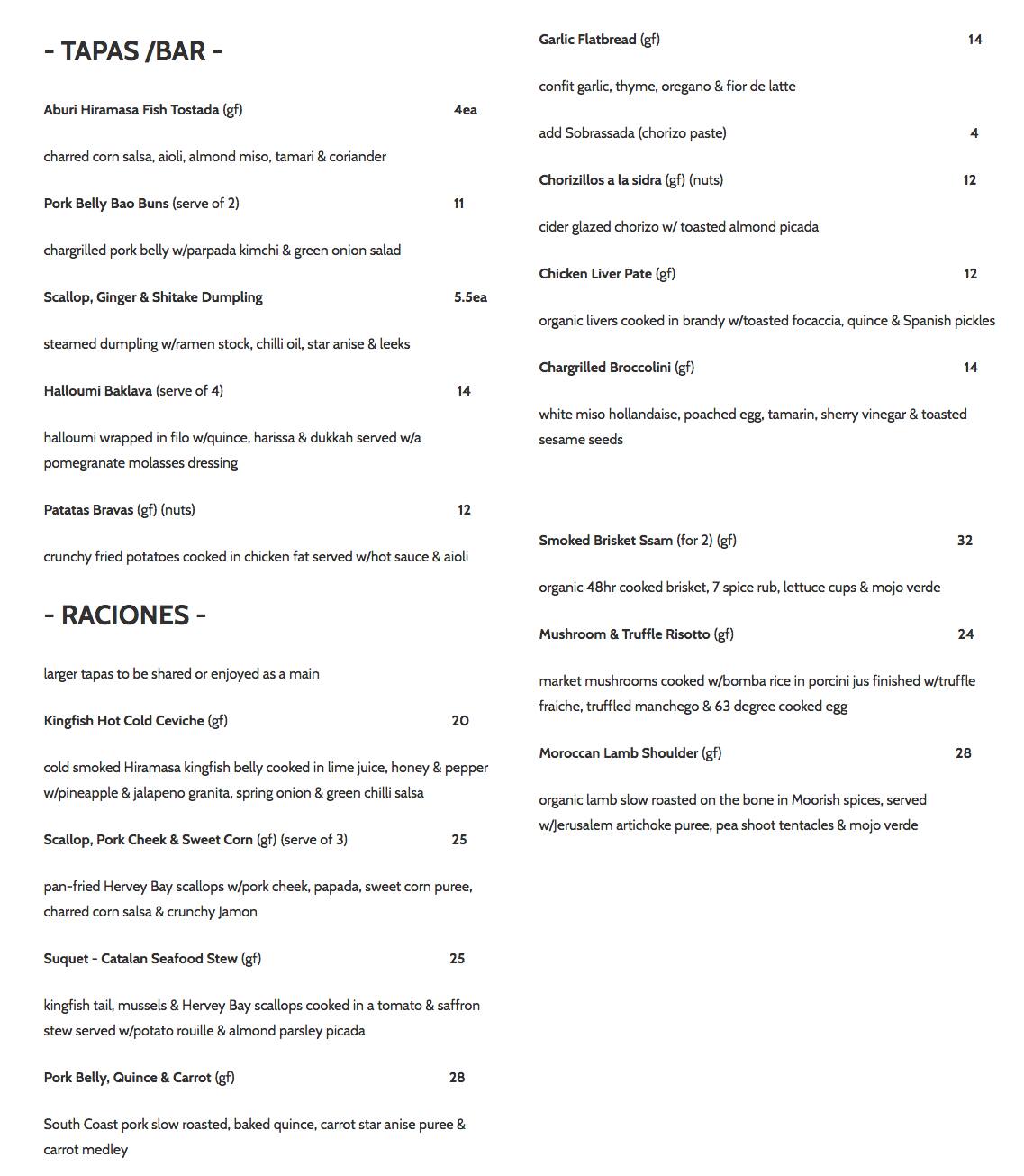 Jah Bar menu