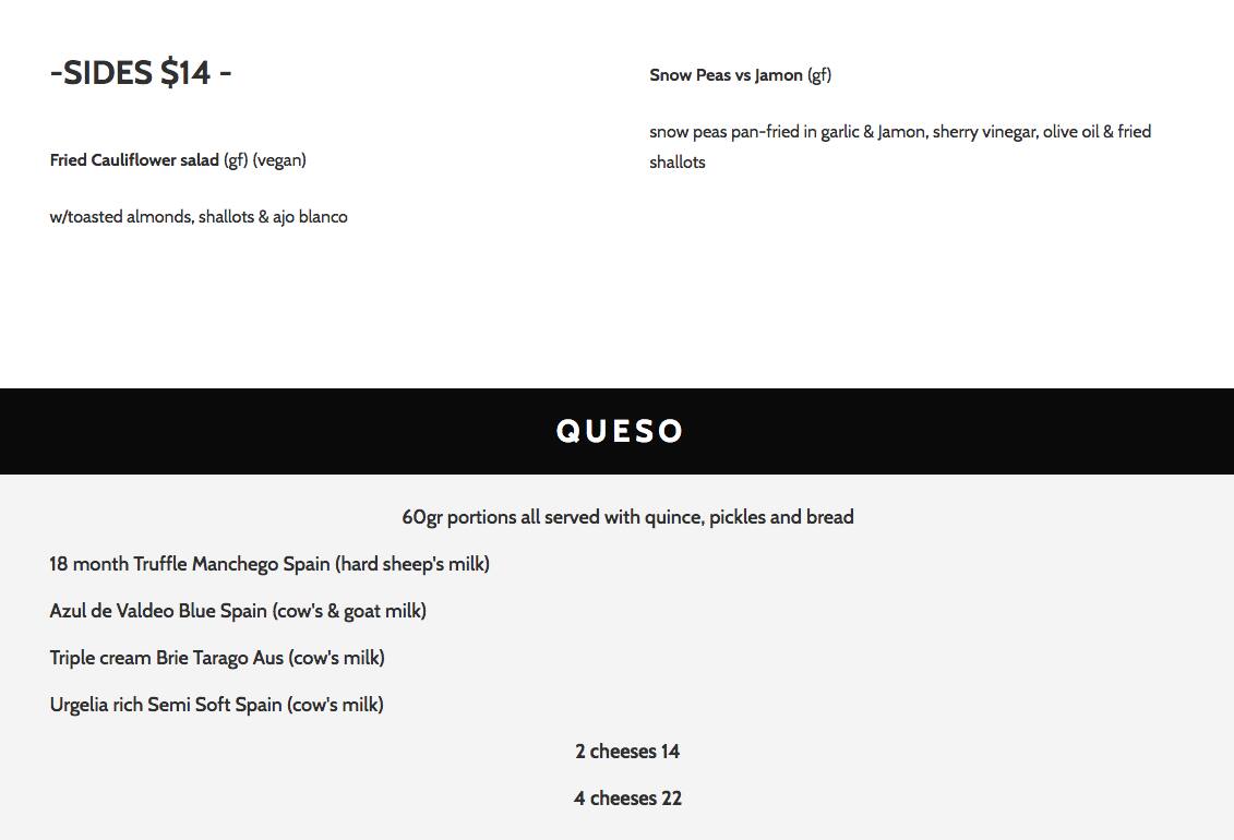 Jah Bar menu
