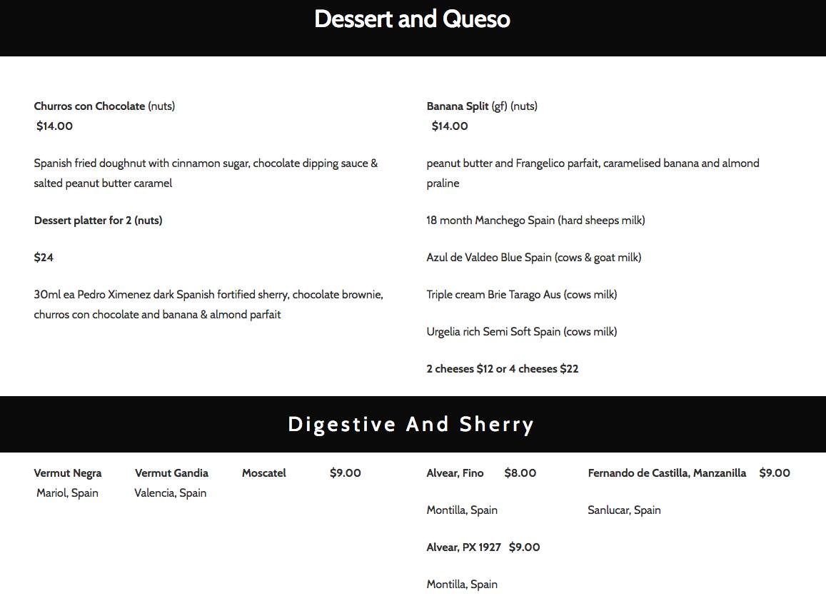 Jah Bar menu
