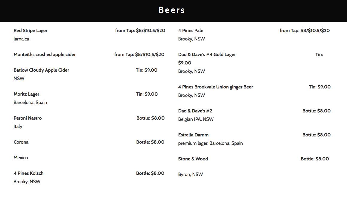 Jah Bar menu