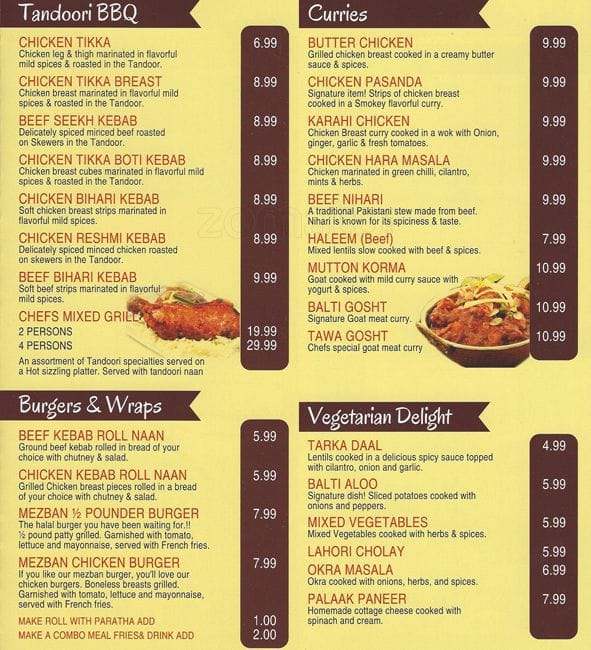 Menu at Mezban restaurant, Houston, Harwin Dr. 108