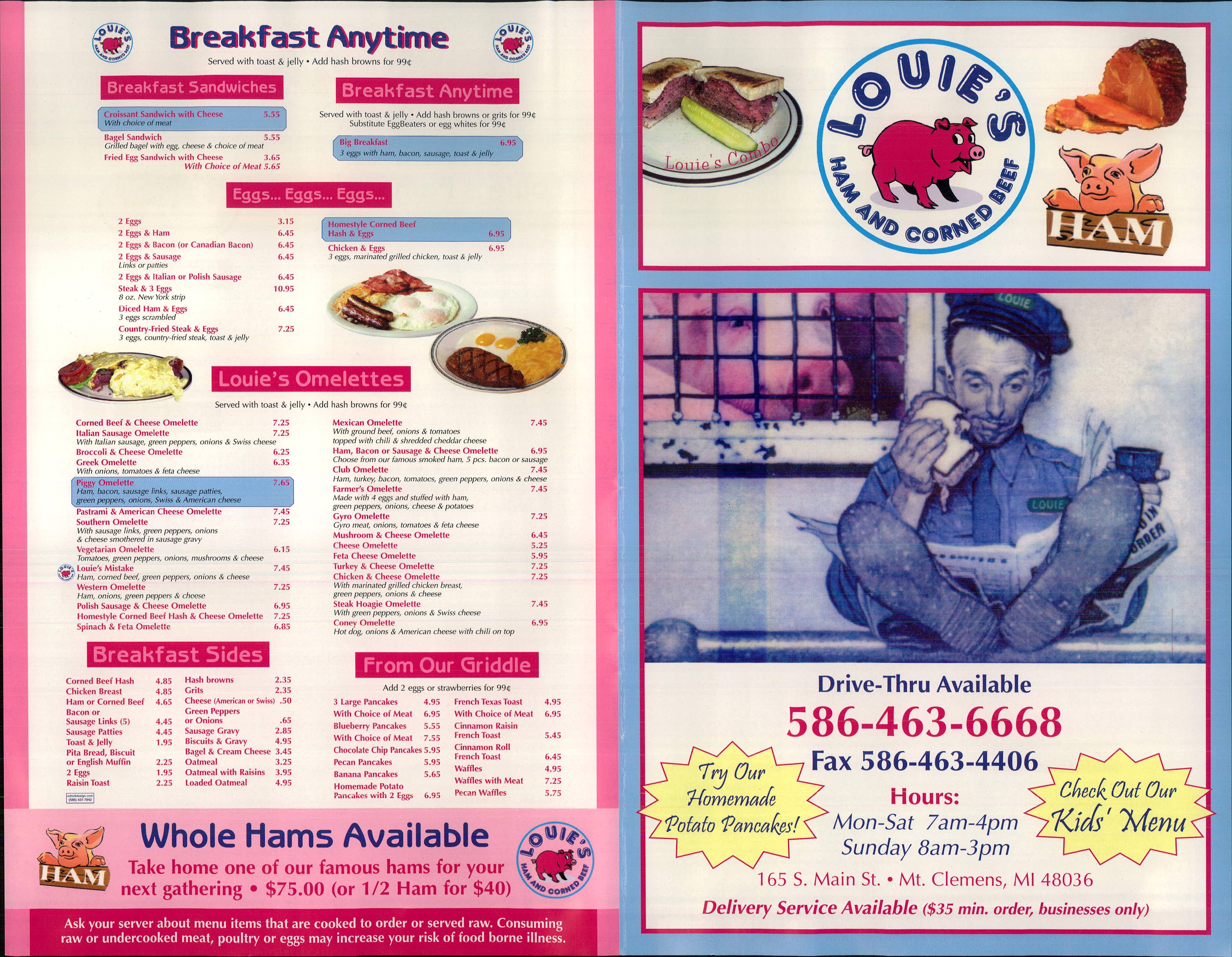 Menu at Louie's Ham & Corned Beef steakhouse, Mount Clemens