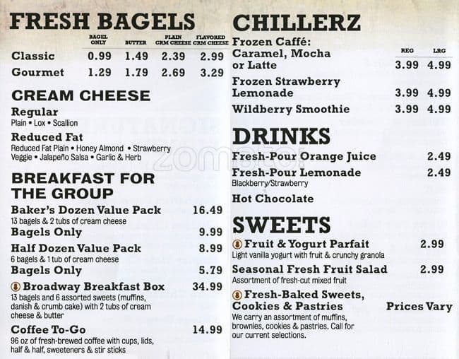 Manhattan Bagel menu, Menu restauracji Manhattan Bagel, Media, Delaware