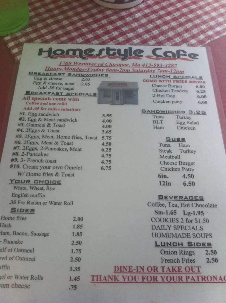 Menu at Homestyle Cafe, Chicopee