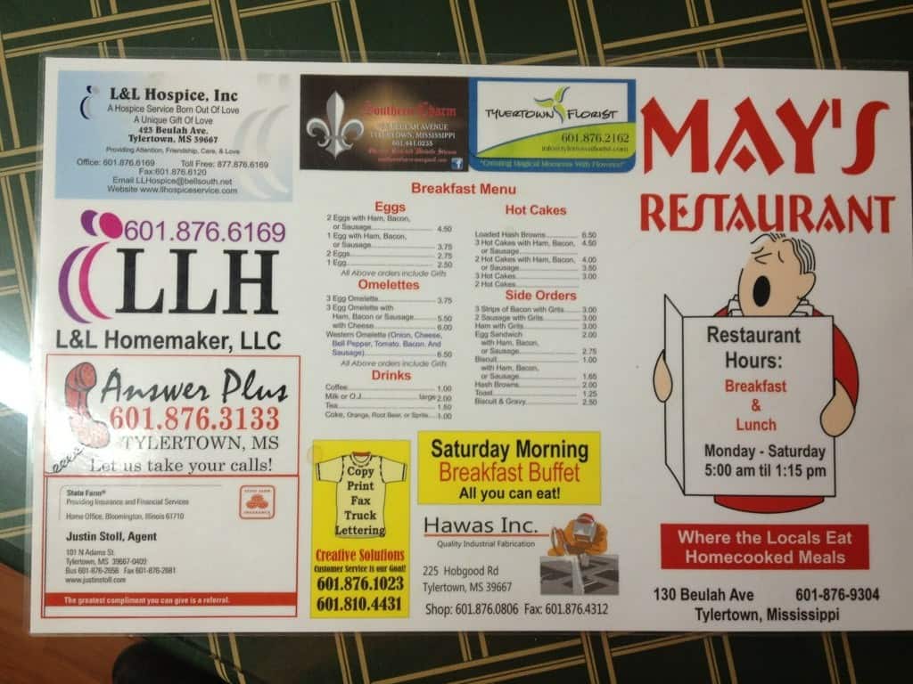 Menu at May's restaurant, Tylertown