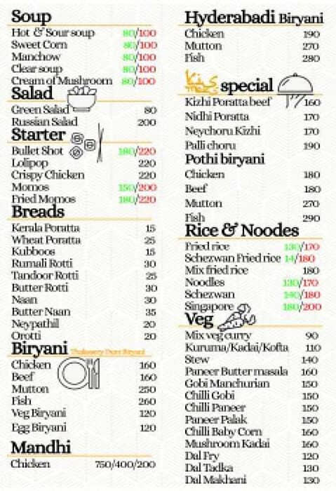 Menu of Kismees Restaurant, Pallimukku, Kochi