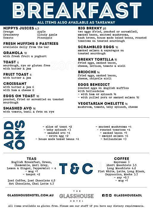 Glasshouse Hotel Menu, Menu for Glasshouse Hotel, City Centre, Adelaide