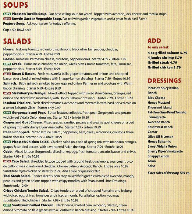 Menu at Picasso's pizzeria, Dallas, Dallas Pkwy