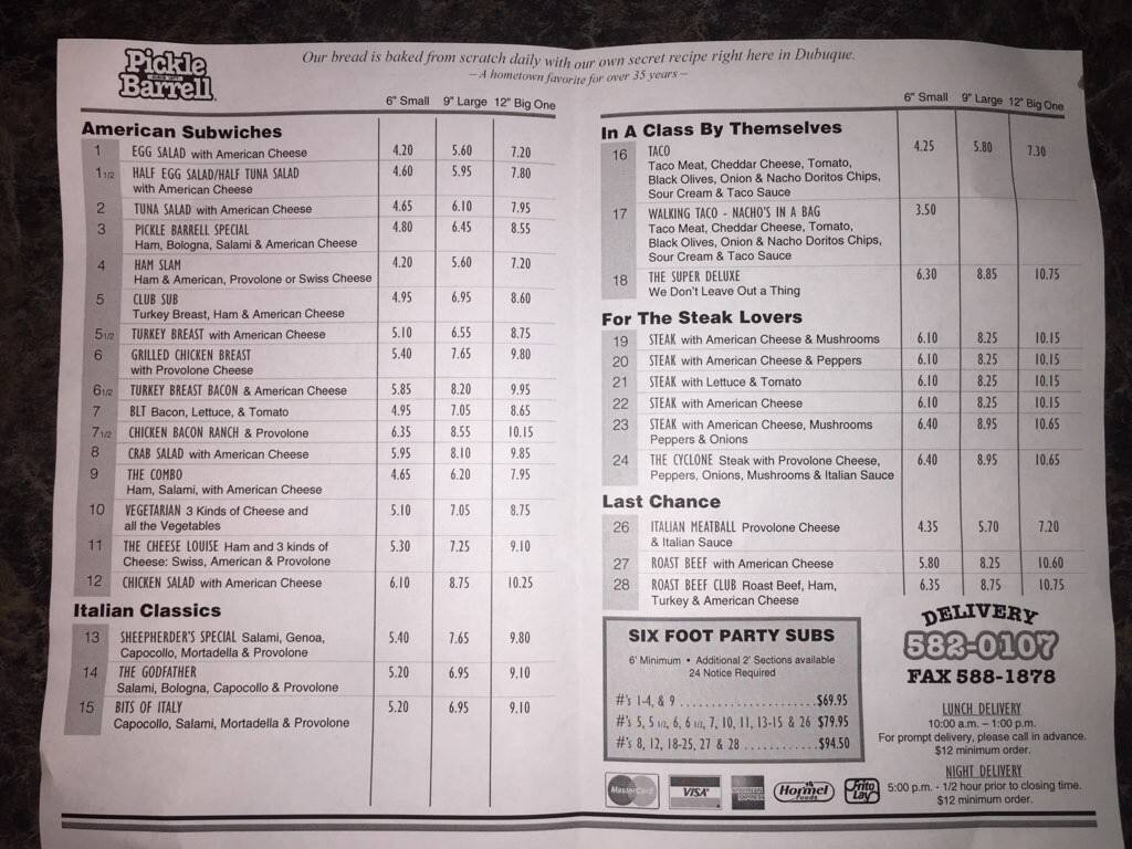 PickleBarrell Subs Menu, Menu for PickleBarrell Subs, Dubuque