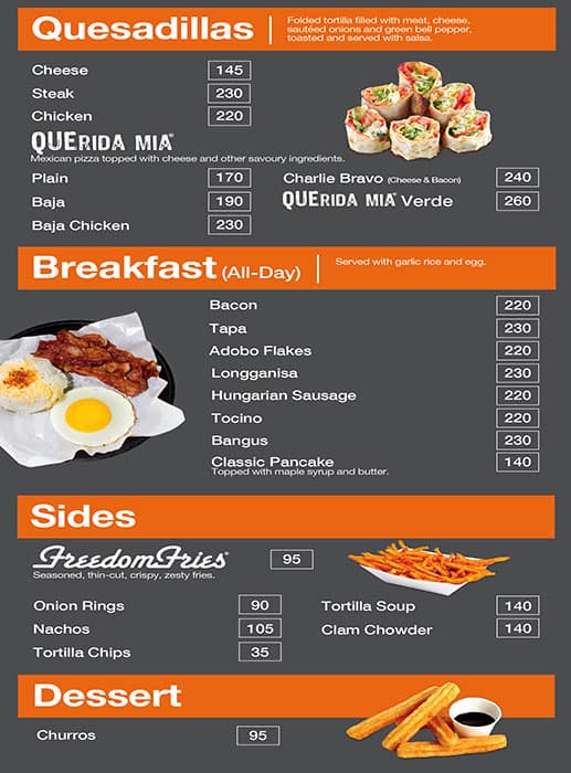 Menu at Army Navy fast food, Pasay, Andrews Ave