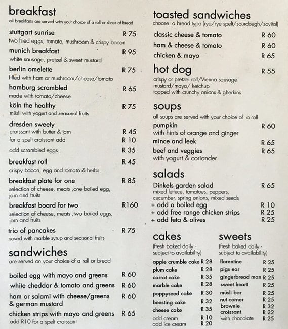 Dinkel German Bakery Menu, Menu for Dinkel German Bakery, Tamboerskloof
