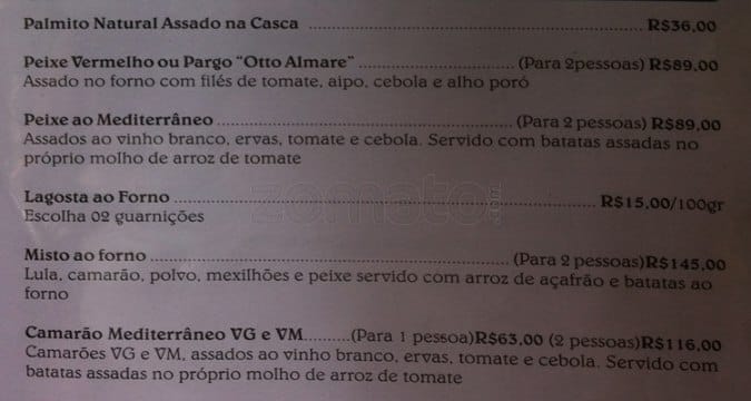 Otto Al Mare cardápio