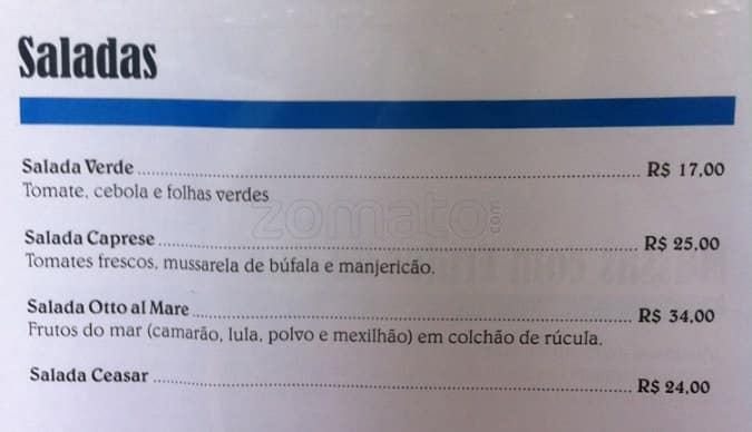 Otto Al Mare cardápio