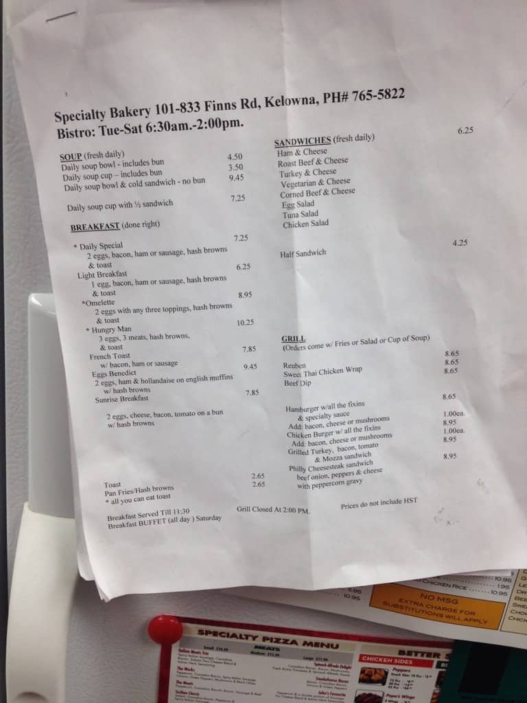 Specialty Bakery Menu, Menu for Specialty Bakery, Rutland, Kelowna Urbanspoon/Zomato