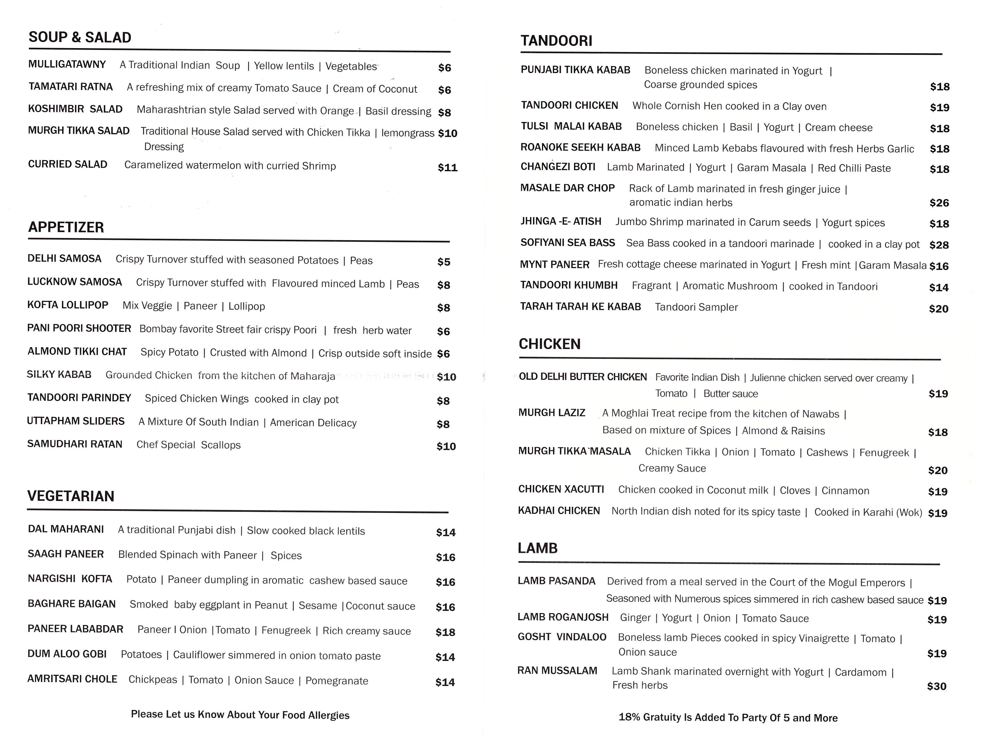 Menu at Mynt Fine Indian Cuisine restaurant, Winter Park