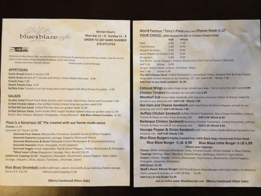 Blue Blaze Cafe Menu, Menu for Blue Blaze Cafe, Damascus, Damascus