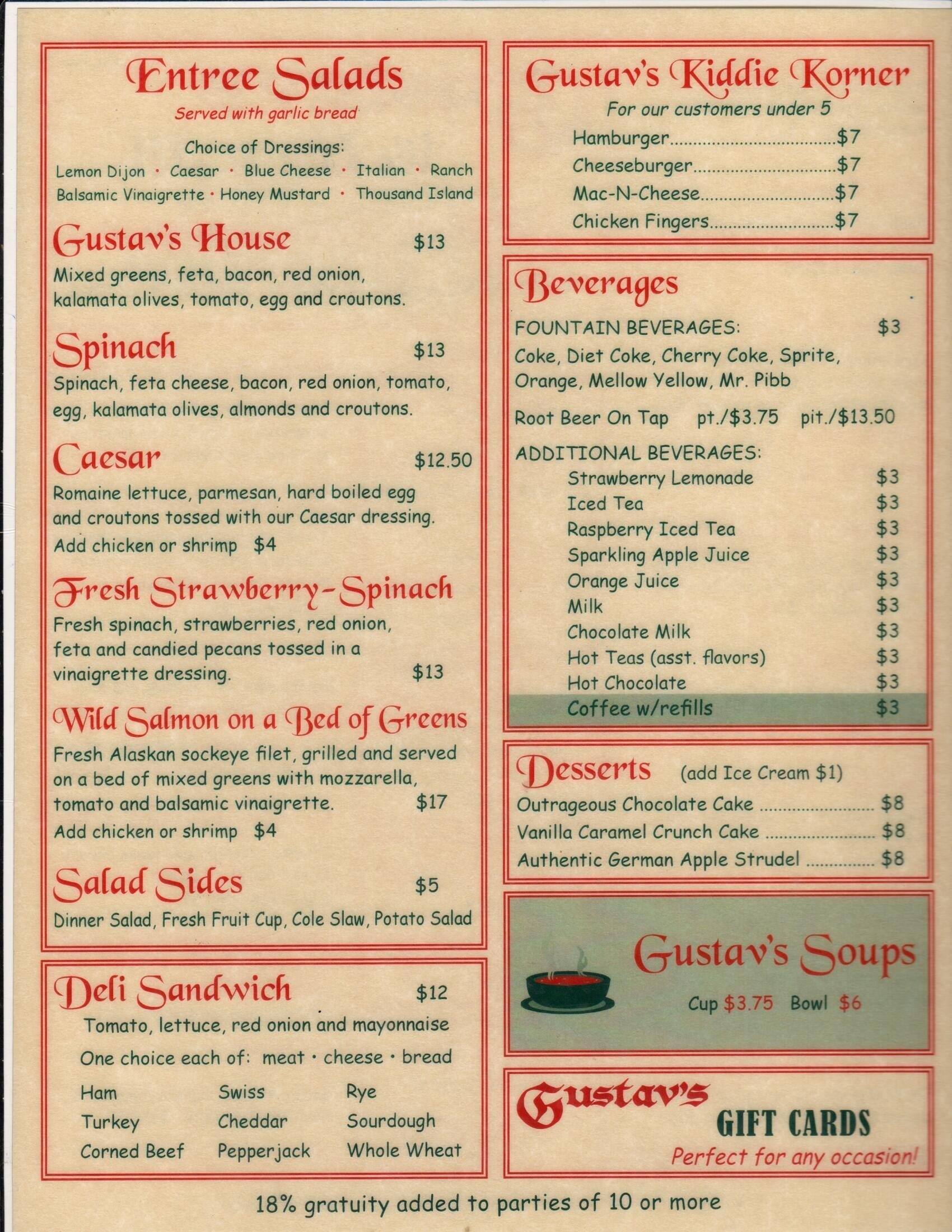 Menu at Gustav's pub & bar, Leavenworth, 617 US2