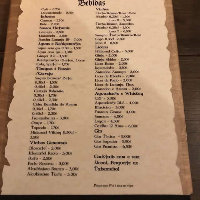 Menu at Bard Medieval Tavern, Setúbal Municipality