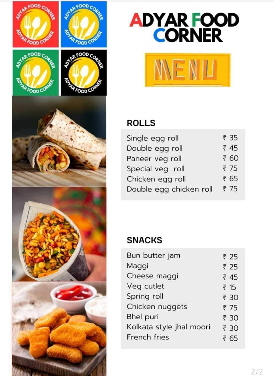Menu of Adyar Food Corner, Adyar, Chennai