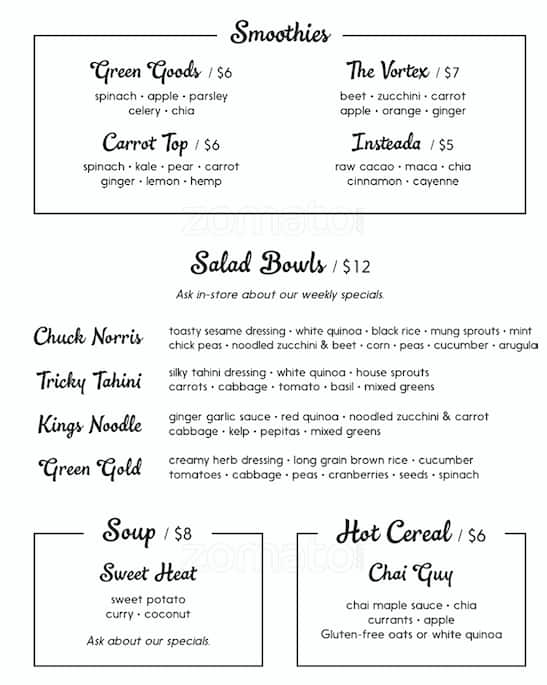 The Goods Menu,Menú para The Goods, Dufferin Grove, Toronto