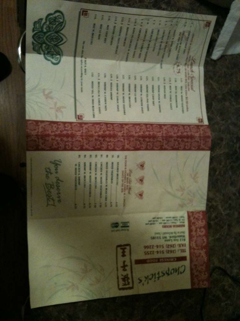 Menu at Chopsticks restaurant, Waterford