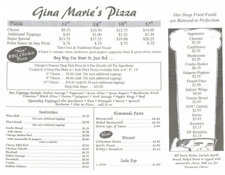 Menu at Gina Marie's pizza pizzeria, Knox
