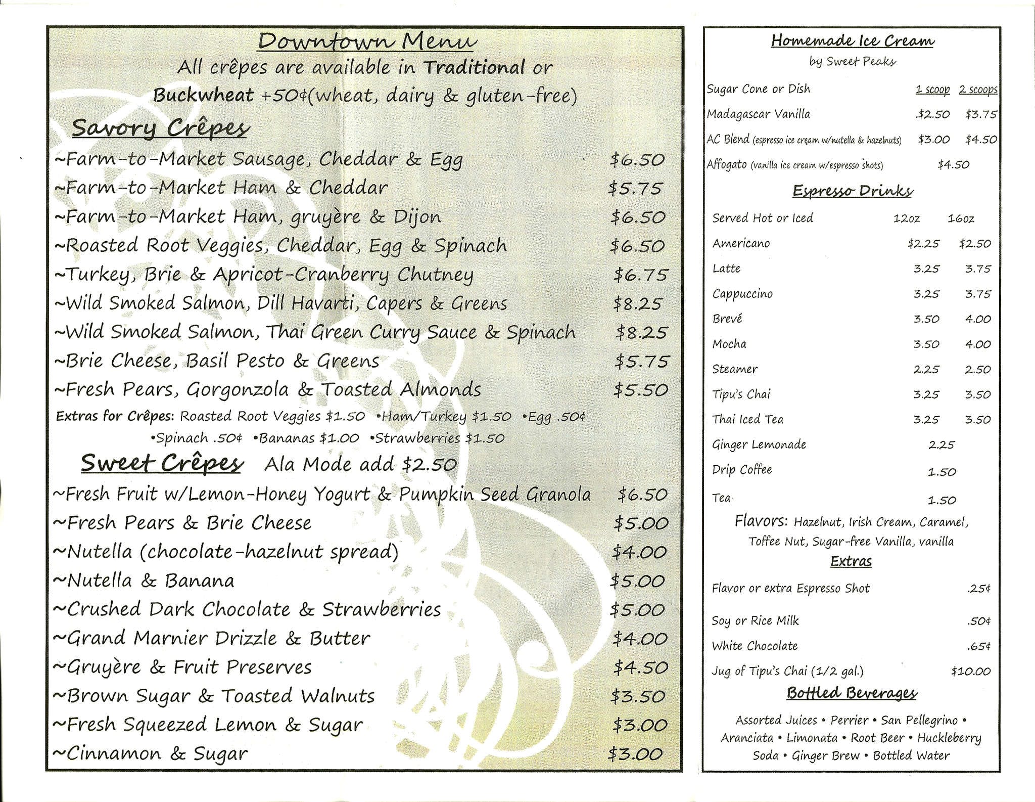 Menu at Amazing Crepes restaurant, Whitefish