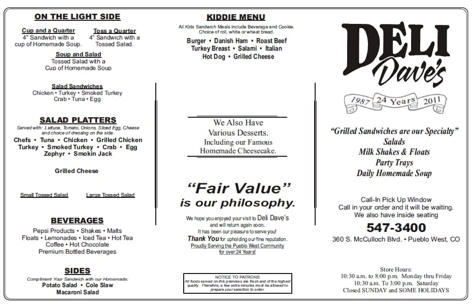 Menu At Deli Daves Restaurant Pueblo West