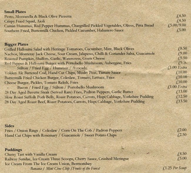 Menu at The Railway Tavern, Bromley pub & bar, Bromley, 45 East St