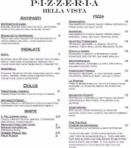 Menu at Pizzeria Bella Vista, Chesapeake