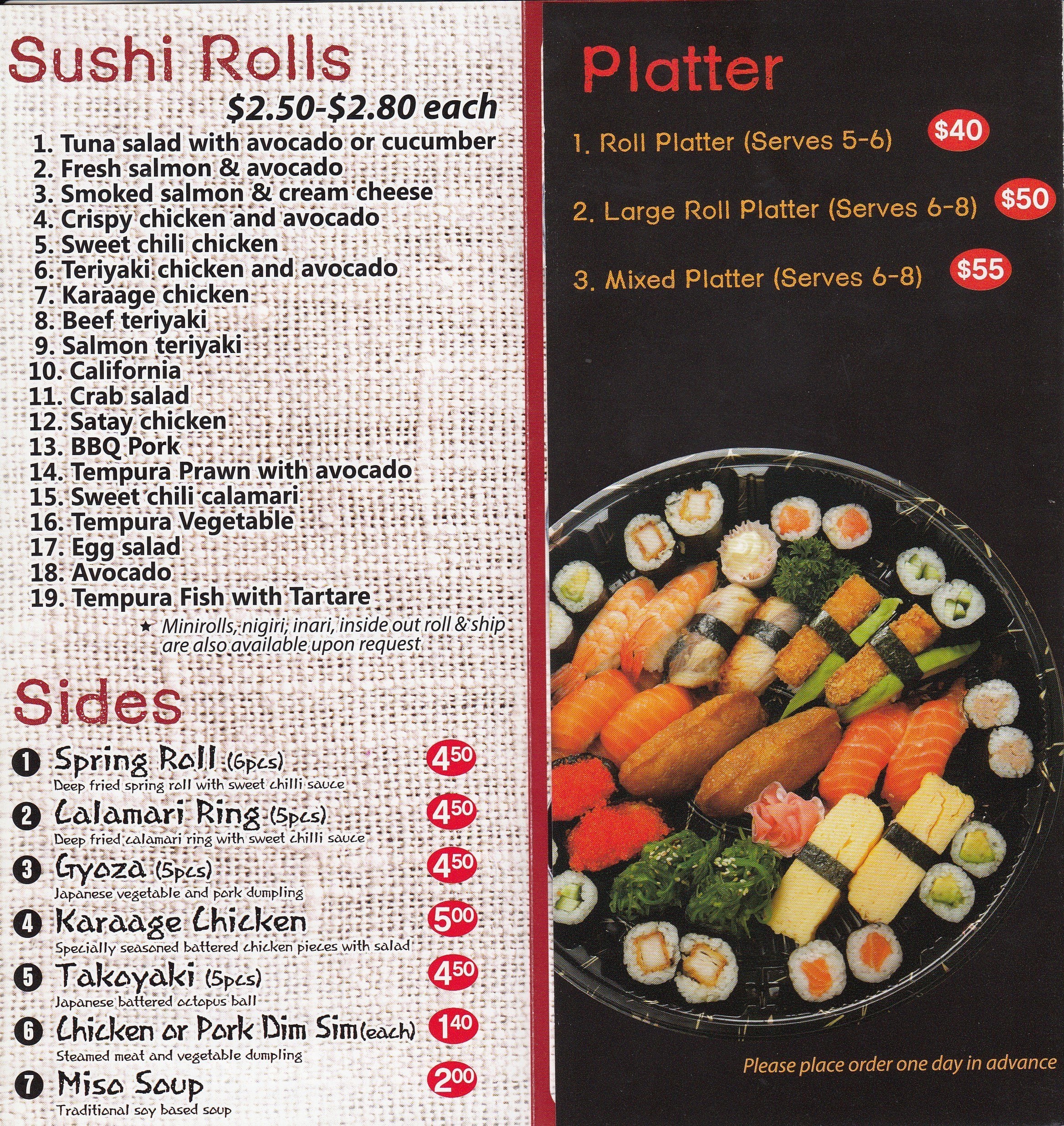 Wara Sushi Menu, Menu for Wara Sushi, Shailer Park, Brisbane