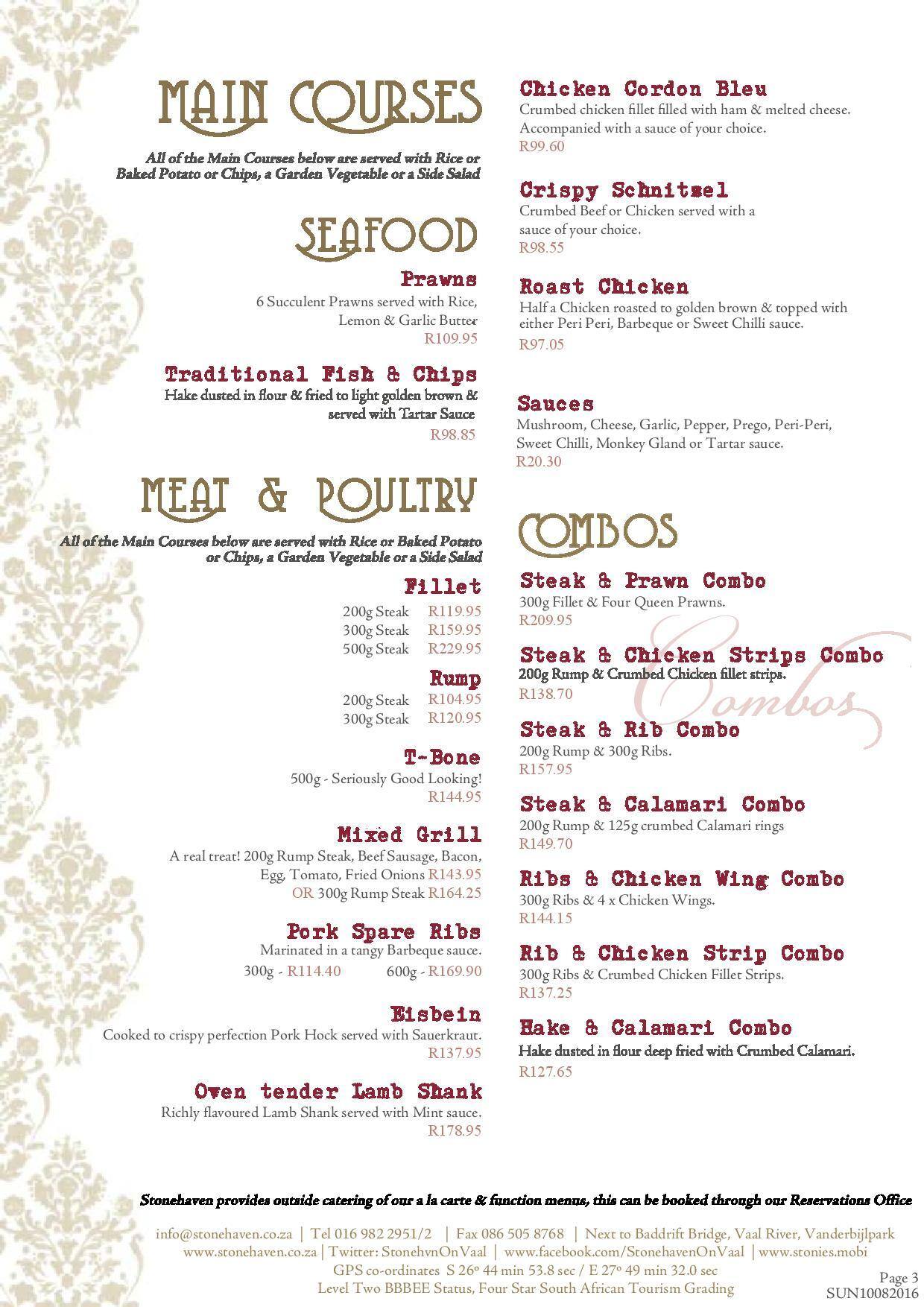 Menu at Stonehaven on Vaal restaurant, Vanderbijlpark